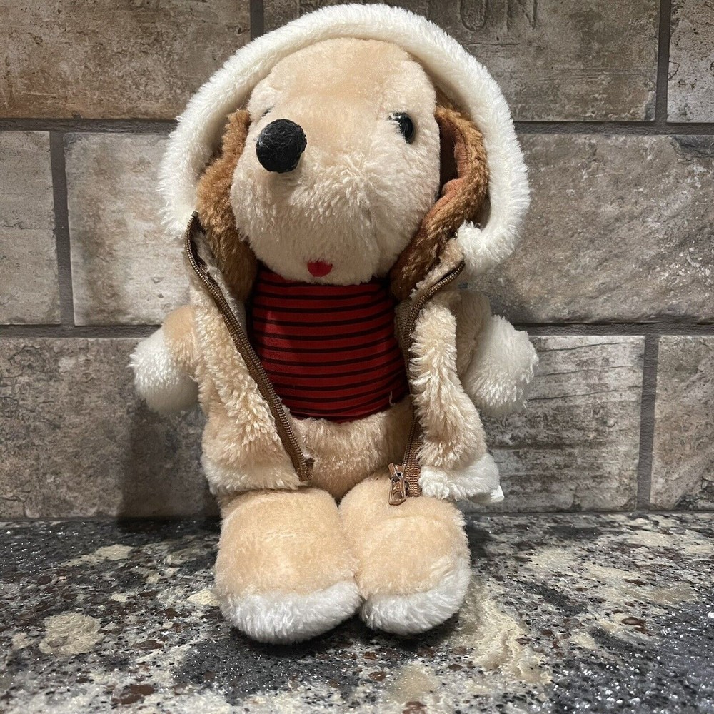1983 Interpur Plush Toy Brown PUPPY DOG Striped Red Shirt Jacket